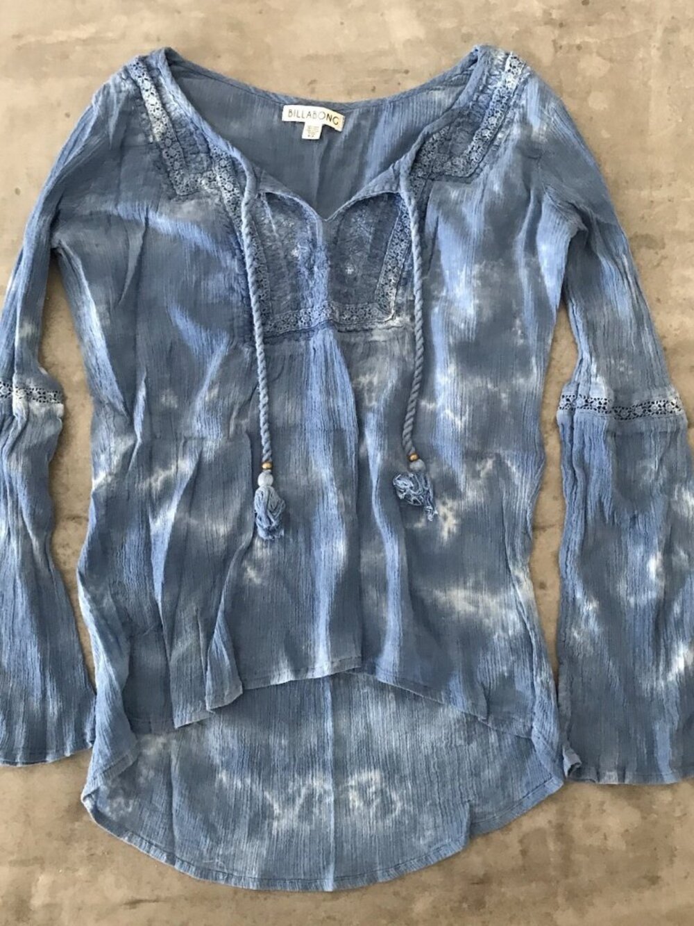 Billabong Top Womens Small Blue Gauzy Tie Dye Crochet Boho Hippie Festival Beach